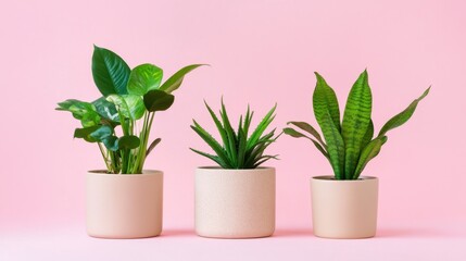 Obraz premium Minimalist trio of houseplants in ceramic pots with soft pink background