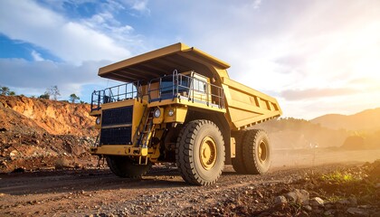 A large yellow mining truck on a dusty road