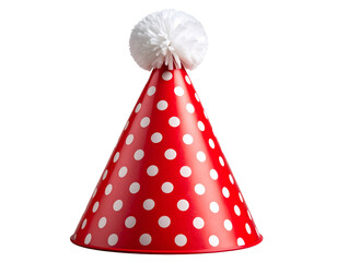  Classic Red Cone Birthday Hat with Polka Dots and White Pom Pom, Front View, Isolated PNG