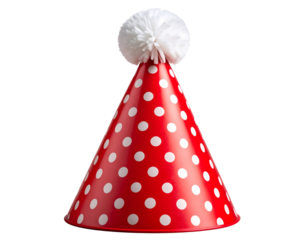  Classic Red Cone Birthday Hat with Polka Dots and White Pom Pom, Front View, Isolated PNG