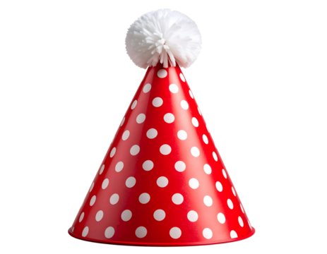  Classic Red Cone Birthday Hat with Polka Dots and White Pom Pom, Front View, Isolated PNG