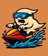 Cartoon character rides a red jet ski with flying hair and bold blue splashes.