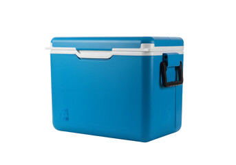 Closed blue portable cooler box isolated on white or transparent background. PNG
