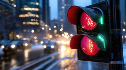New Year's metaphor: red light labeled 2025, green light for 2026, on a busy city street background