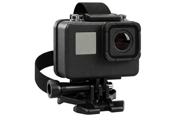 Black waterproof action camera with a head strap mounting system isolated on a transparent background