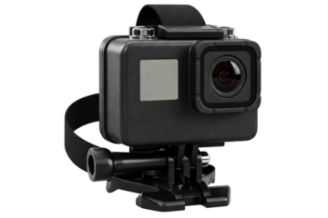 Black waterproof action camera with a head strap mounting system isolated on a transparent background