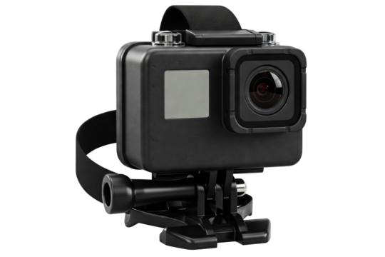 Black waterproof action camera with a head strap mounting system isolated on a transparent background