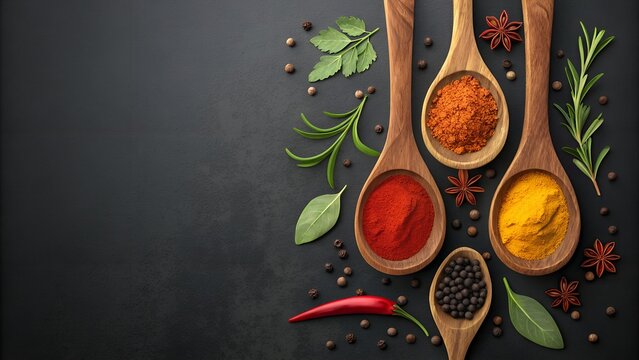 Colorful spices and herbs on wooden spoons with black textured background