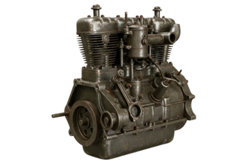 Old rusty vintage internal combustion motorcycle engine isolated on a transparent background