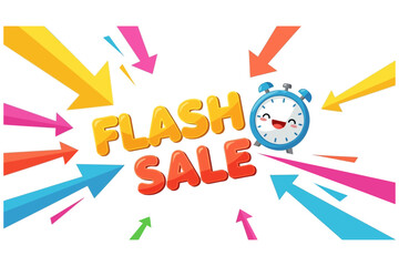 Flash Sale Announcement with Cartoon Clock and Colorful Arrows