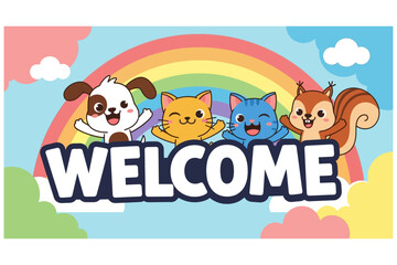 Fototapeta premium Cartoon Animals Welcoming with Rainbow and Clouds Illustration