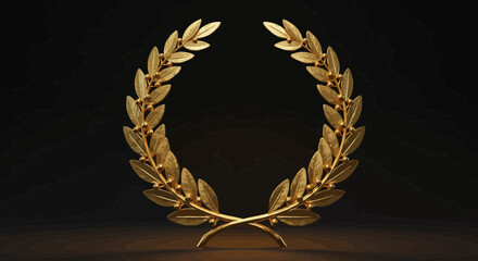 Elegant golden laurel wreath, symbol of victory and achievement on dark background