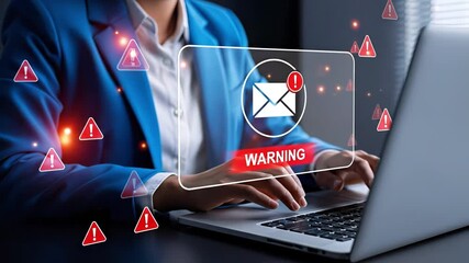 Person typing on laptop with warning symbols and email alert icon indicating potential cyber threat. Concept of email security, phishing scam and cybersecurity awareness in digital communication
- Powered by Adobe