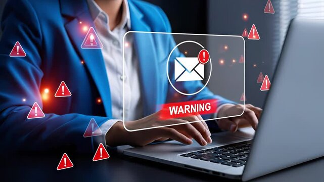 Person typing on laptop with warning symbols and email alert icon indicating potential cyber threat. Concept of email security, phishing scam and cybersecurity awareness in digital communication
