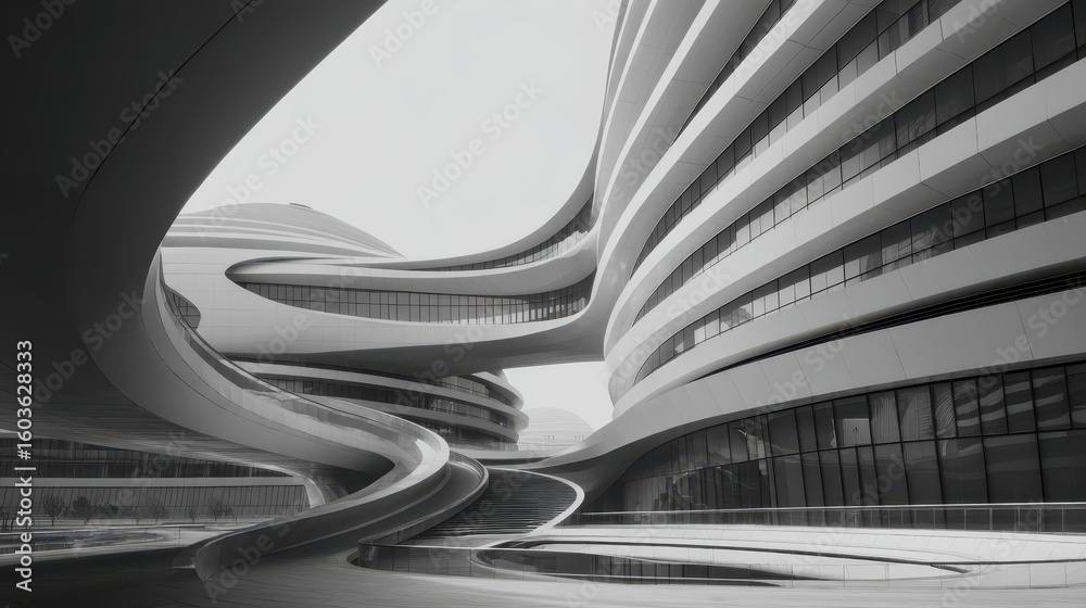 Poster futuristic architecture with flowing lines and curved structures