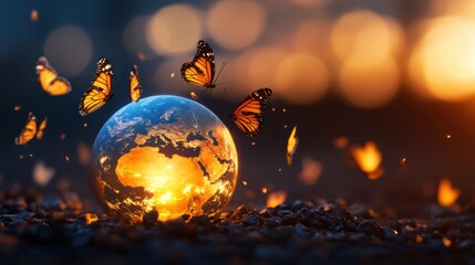 Peaceful scene of butterflies around a glowing golden Earth, symbol of global serenity