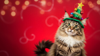 Funny Maine Coon cat in a Christmas tree hat on a red background. Long-haired tabby cat with a curious expression for a holiday greeting card. Copy space.