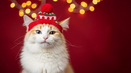 White and ginger cat with heterochromia in a winter hat. Cat with one blue and one yellow eye on a red background. Christmas holiday portrait with copy space.