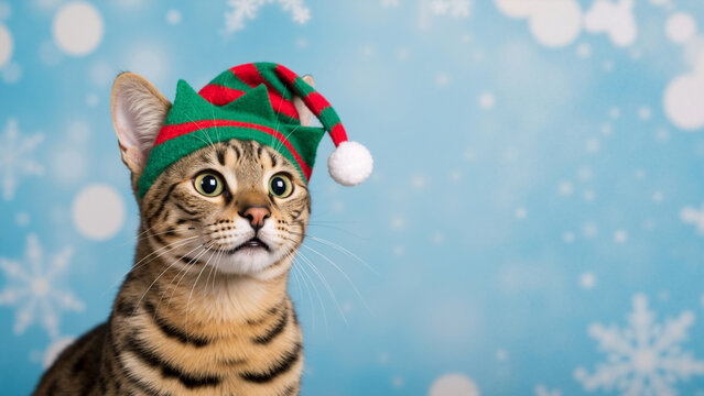 Bengal cat in a green and red elf hat. Portrait of a spotted cat with a curious expression on a blue winter background. Christmas pet theme with copy space.