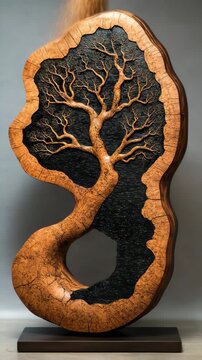 A wooden sculpture with a tree in the middle