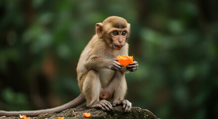 A young monkey eating a piece of fruit in a forest