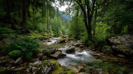 Obraz premium Serene River Flowing Through a Lush Green Forest Landscape