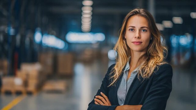 Warehouse Woman: A strong female entrepreneur confidently poses amidst the industrial setting, epitomizing capability and authority.