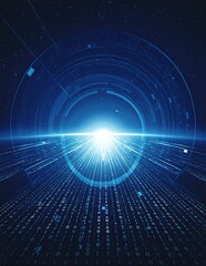 Obraz premium A vibrant blue tunnel filled with cascading lines of glowing binary code, creating a futuristic and immersive digital atmosphere.