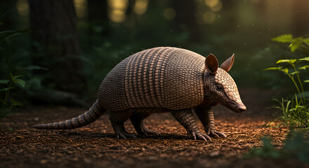 Fototapeta premium Armadillo walking in forest floor sunlight