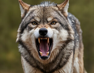 Obraz premium Portrait of a furious gray wolf. An angry wolf is roaring in the forest. Digital art. A wild animal. A gray wolf portrait.