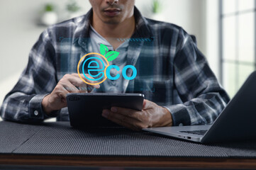 Man Engaging with Digital Eco Technology for Environmental Solutions