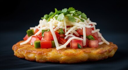 Delicious Golden Fried Arepa Topped With Fresh Pico De Gallo and Shredded Cheese Garnished With Cilantro