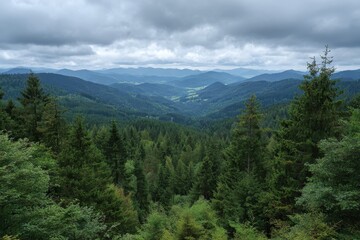 Fototapeta premium Expansive verdant mountain range under a dramatic cloudy sky offers breathtaking natural scenery