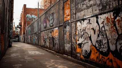 Fototapeta premium Graffiti Covered Fence in Grungy Alleyway with Urban Texture