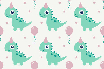 Fototapeta premium Cute dinosaurs with party hats and balloons cartoon baby