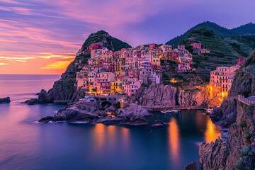 Coastal Townscape at Dusk with Colorful Buildings and Ocean View