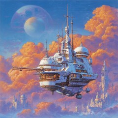 Obraz premium A white airship floats above orange clouds and distant, fantastical cities, a large planet visible in the sky