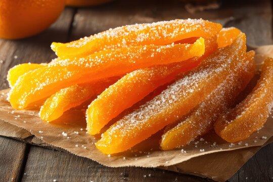 Sugared orange peel strips are arranged on parchment paper, showcasing their vibrant color and crystalline coating