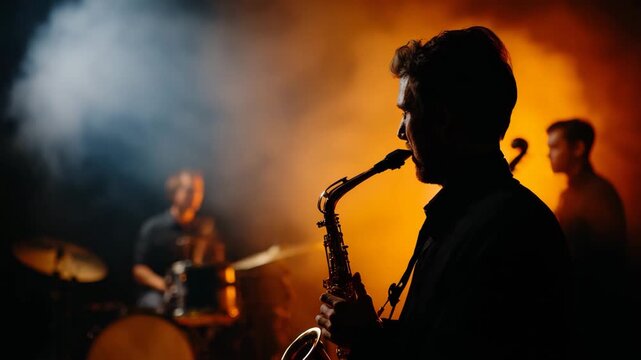 A silhouette of a saxophonist immersed in music, set against dramatic lighting, symbolizing the emotional depth and expressiveness of live jazz performances.