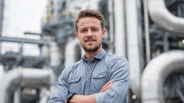 The Engineer's Confident Gaze: A composed engineer stands proudly amidst the industrial landscape, embodying expertise and authority, with the blurred presence of a factory. - Powered by Adobe