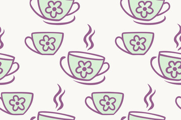 Purple and green floral teacups with steam vector