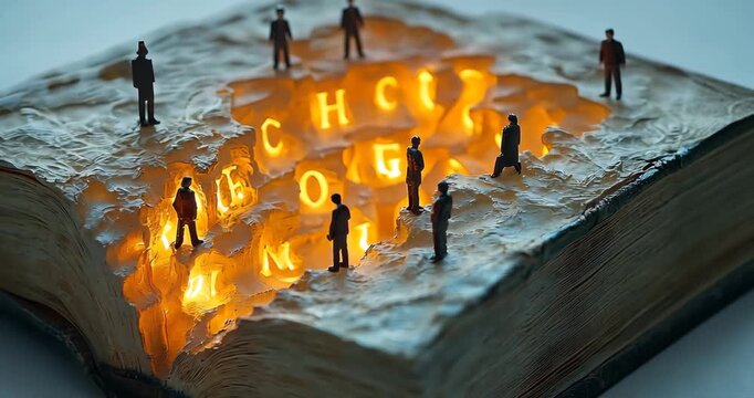 Miniature people explore a glowing chasm of knowledge within an old book.