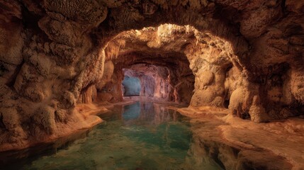 Natural Cave with Stunning Mineral Deposits on Walls and Water