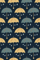 Yellow and teal umbrellas with rain drops weather protection