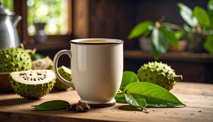 Soursop Leaf Tea in a Simple Mug on Rustic Kitchen Table 