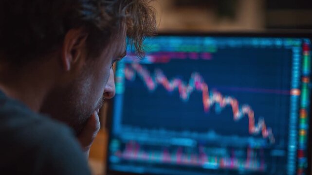 Stock Market Downturn: A concerned person fixates on a computer screen displaying a graph reflecting a financial downturn.
