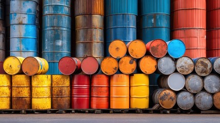Fototapeta premium Stacked Colorful Oil Barrels in an Industrial Storage Yard