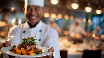 A chef presenting a finished dish to the camera with pride, background softly blurred