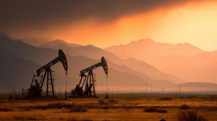 Oil Pump Jacks in Texas Fields Against a Stunning Sunset Sky