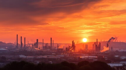 Sunset Over Oil Refinery Amidst Industrial Landscape in Dusk Sky
